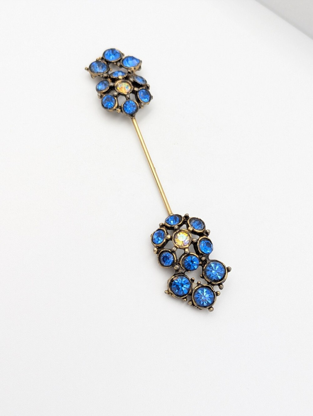 Vintage rhinestone jabot pin double ended stick pin hat lapel blue